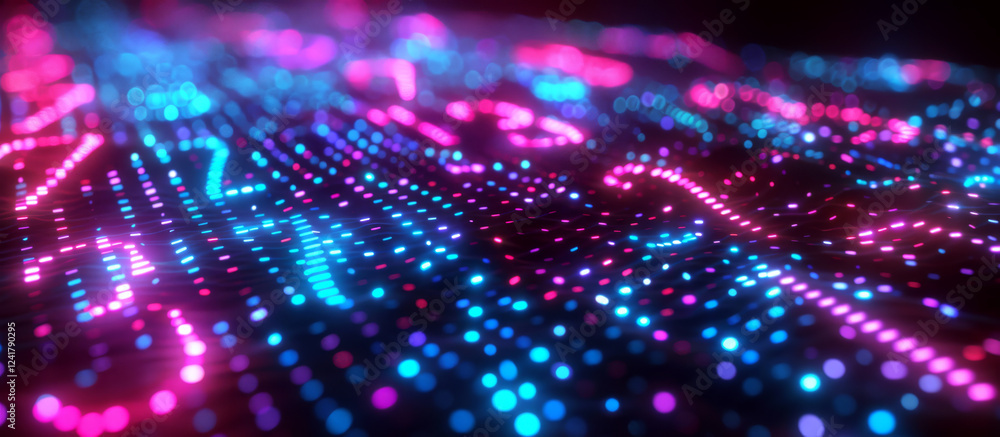 Glowing dots in blue and pink form digital numbers on a dark surface. Concept of digital technology and data visualization. For tech-themed presentations. Glowing dots in blue and pink form digital numbers on a dark surface. Concept of digital technology and data visualization. For tech-themed presentations.