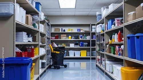 Organized Storage Room: Rows of Shelves Filled with Supplies