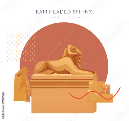 The Karnak Temple - Ram Headed Sphinx - Luxor, Egypt - Stock Illustration