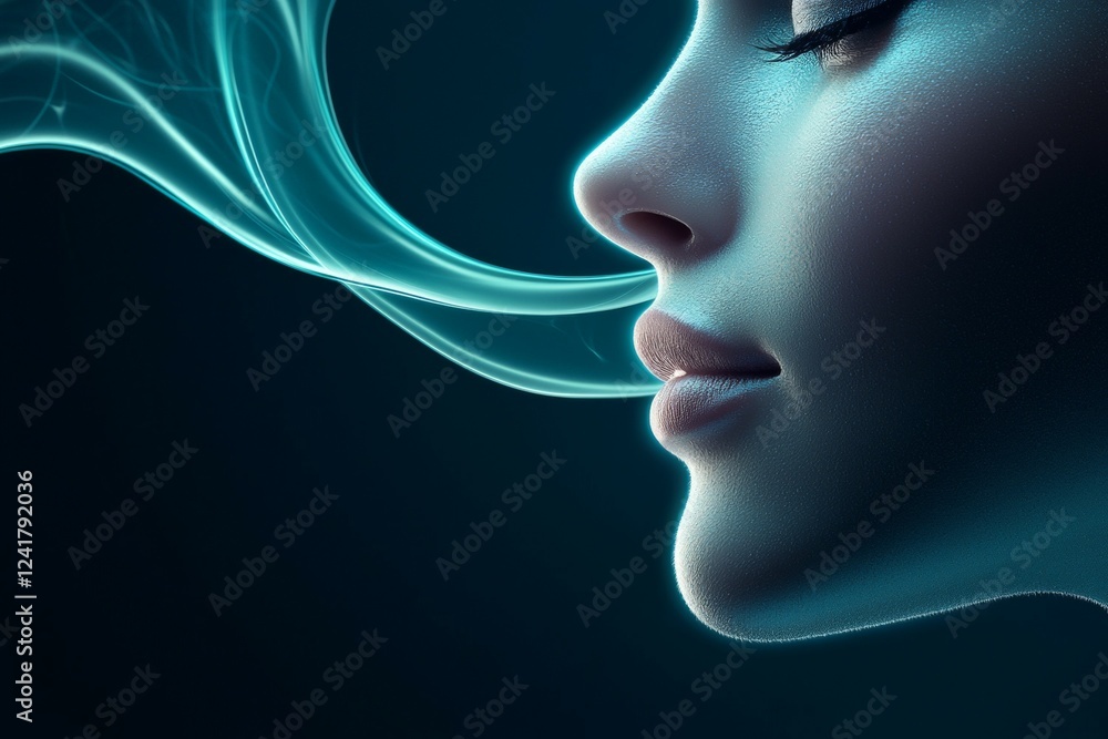 Obraz premium Mystical profile of caucasian female with ethereal smoke in moonlit glow
