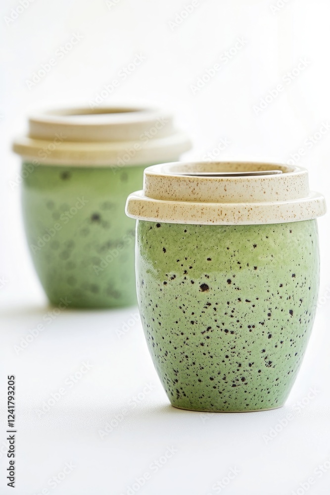 Close up shot of two small green pots on a wooden table Close up shot of two small green pots on a wooden table