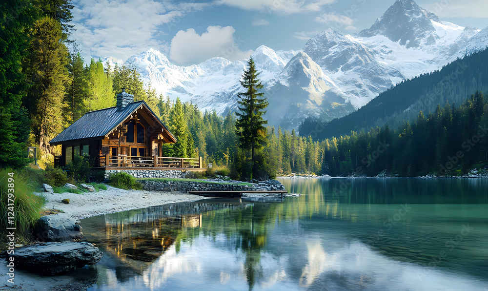 Fototapeta premium A House by a Still Lake Surrounded by Snowy Peaks Offering Breathtaking Views and Tranquil Surroundings