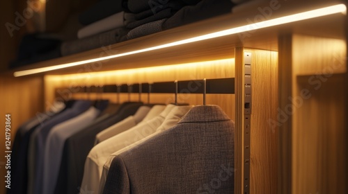 Row of menswear in a closet, great for interior design or fashion photoshoots photo