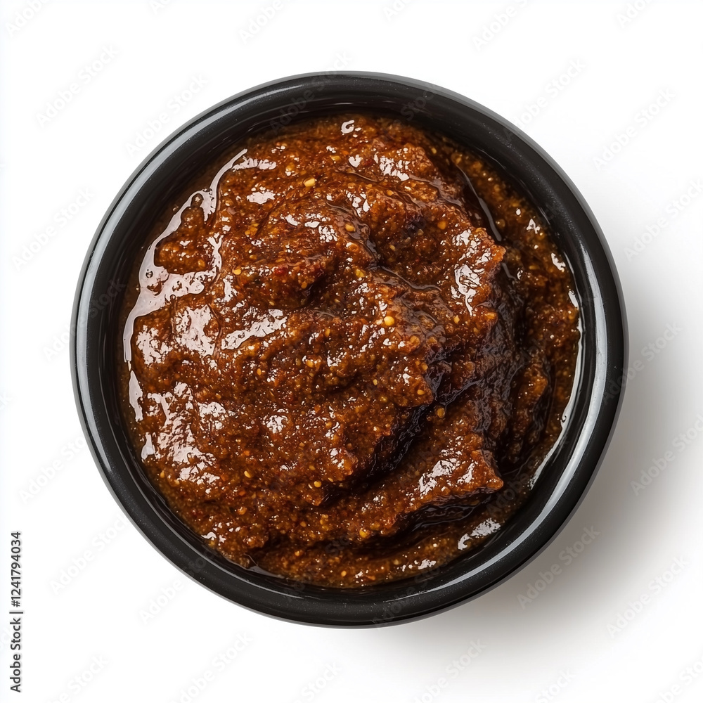 Bowl of Tamarind Chutney, Condiment Bowl, top view, stock photo, isolated on white, food setting Bowl of Tamarind Chutney, Condiment Bowl, top view, stock photo, isolated on white, food setting