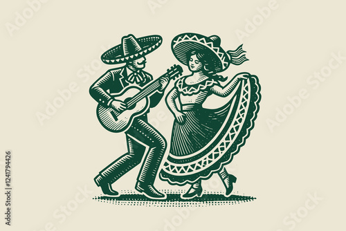 Minimalist icon of dancing Mexican couple, black vintage emblem style