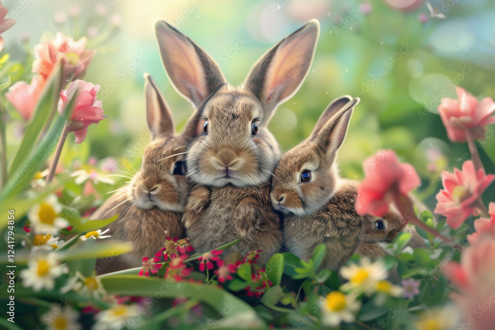 Easter Bunnies Surrounded by Bright Spring Flowers in a Lush Garden: Easter Easter Bunnies Surrounded by Bright Spring Flowers in a Lush Garden: Easter