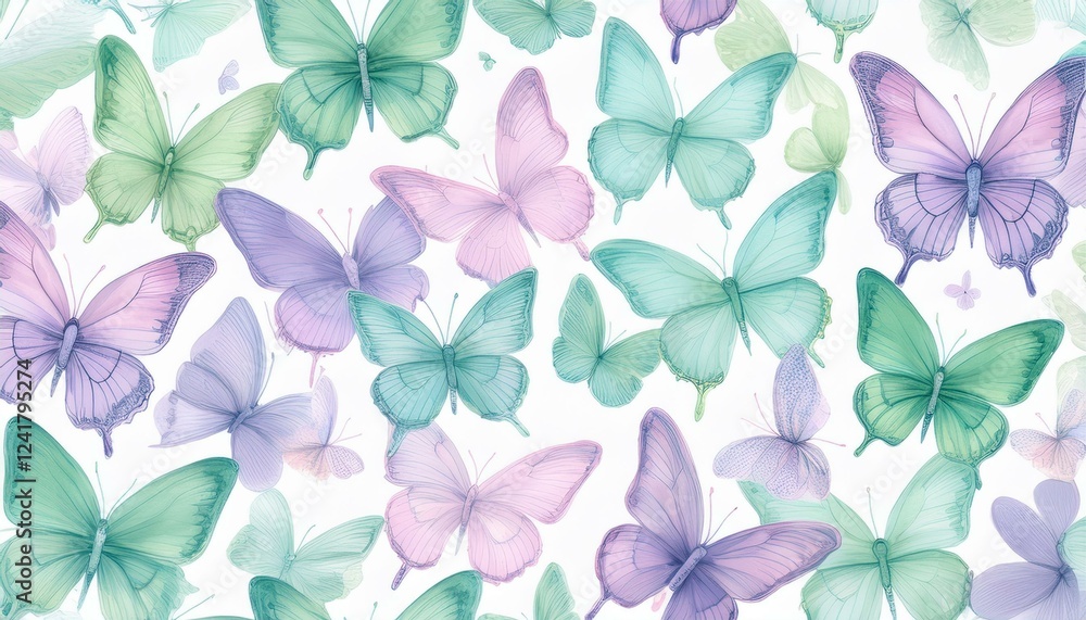 Obraz premium seamless hand drawn pattern of delicate butterflies on white background. Beautiful pastel creatures wallpaper design