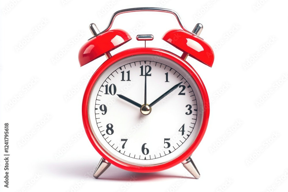 A red alarm clock sits on a white surface, ready to sound an alert A red alarm clock sits on a white surface, ready to sound an alert