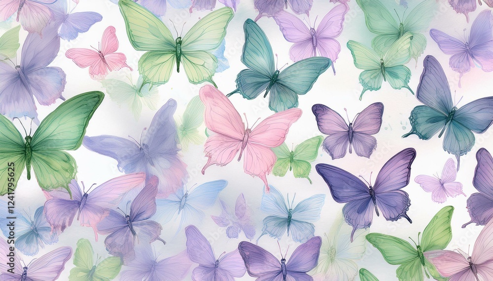 Fototapeta premium seamless hand drawn pattern of delicate butterflies on white background. Beautiful pastel creatures wallpaper design