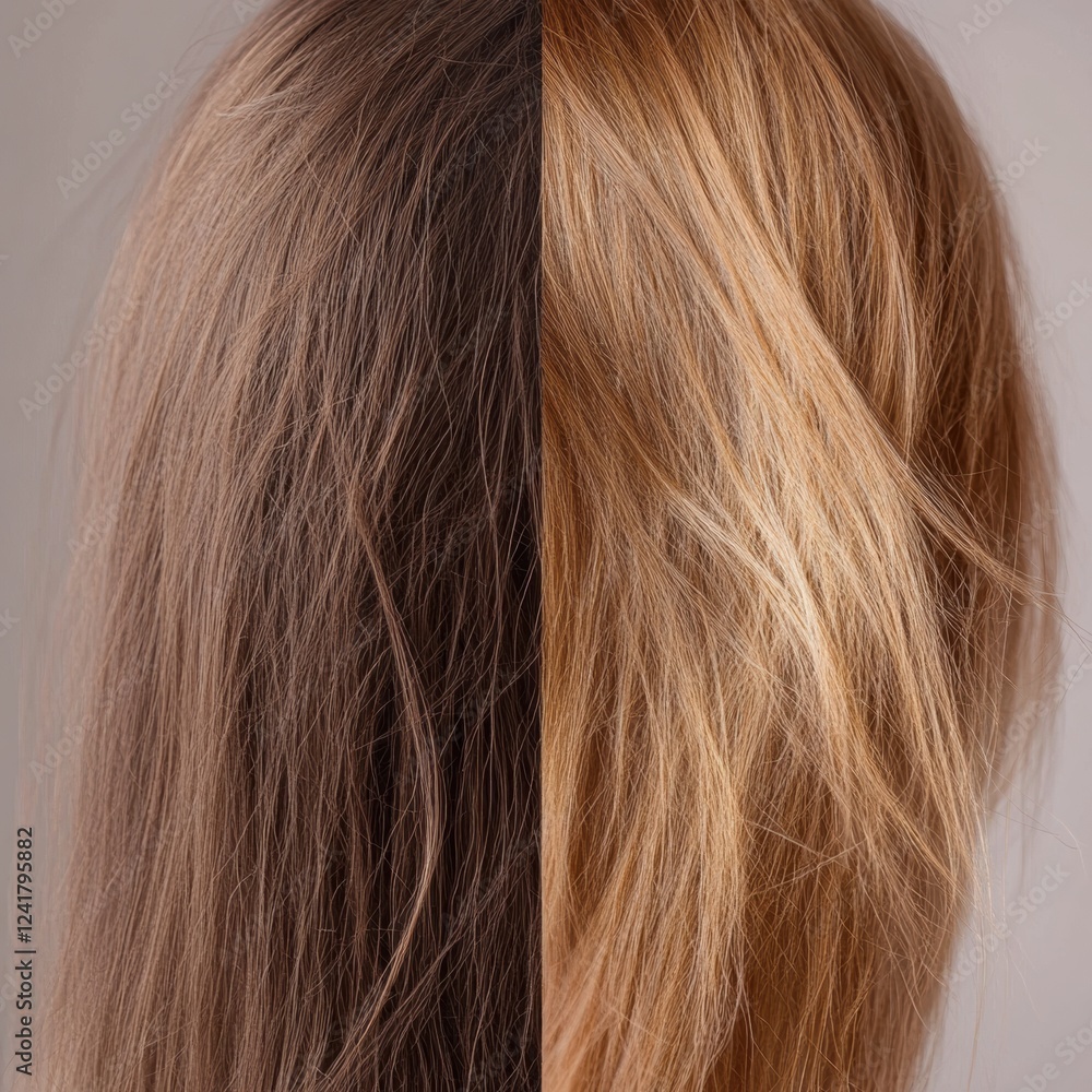 Comparison of dull damaged hair and shiny healthy hair strands showing clear differences in appearance and texture. Generative AI Comparison of dull damaged hair and shiny healthy hair strands showing clear differences in appearance and texture. Generative AI