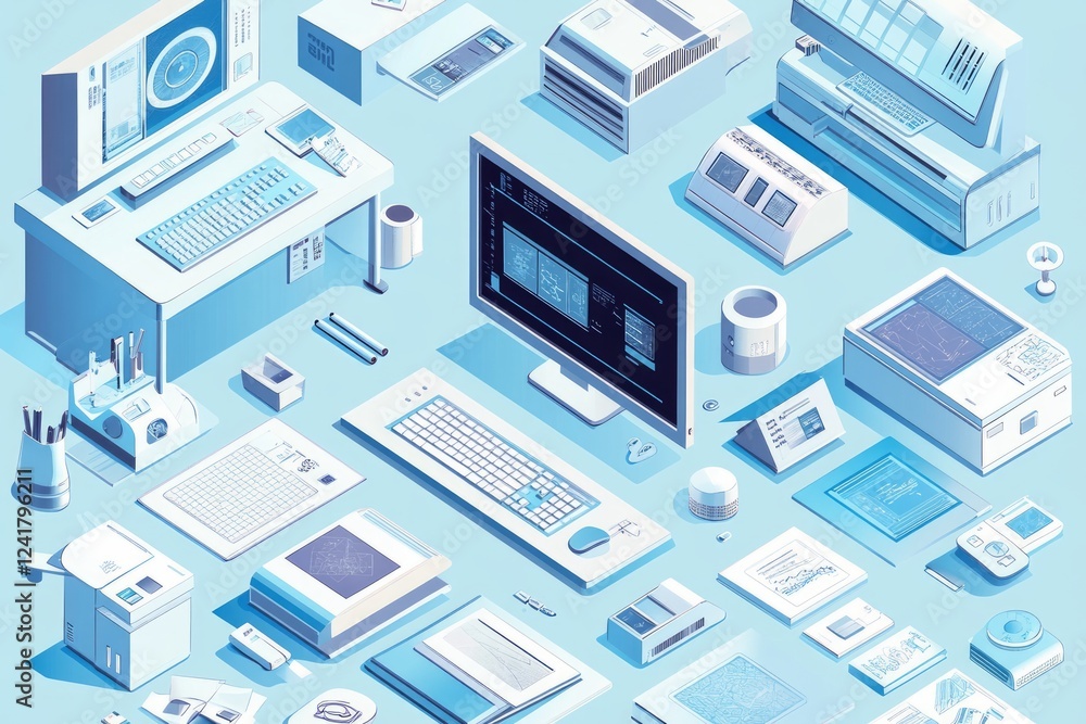 A Futuristic View of a Modern Office Technology Setup. Isometric Illustration of Office Equipment and Devices. A Detailed Look at the World of Digital Technology. A Futuristic View of a Modern Office Technology Setup. Isometric Illustration of Office Equipment and Devices. A Detailed Look at the World of Digital Technology.