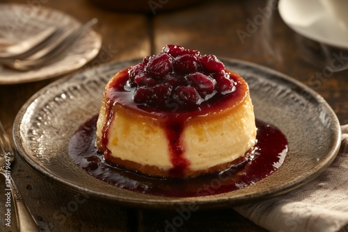 warm, inviting scene featuring a rustic Basque burnt cheesecake with a golden, caramelized top, slightly cracked, revealing its creamy interior photo