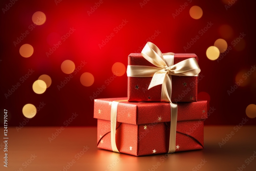 Two elegant red gift boxes with gold ribbons are placed on a surface, creating a festive holiday atmosphere with bokeh lights in the background Two elegant red gift boxes with gold ribbons are placed on a surface, creating a festive holiday atmosphere with bokeh lights in the background