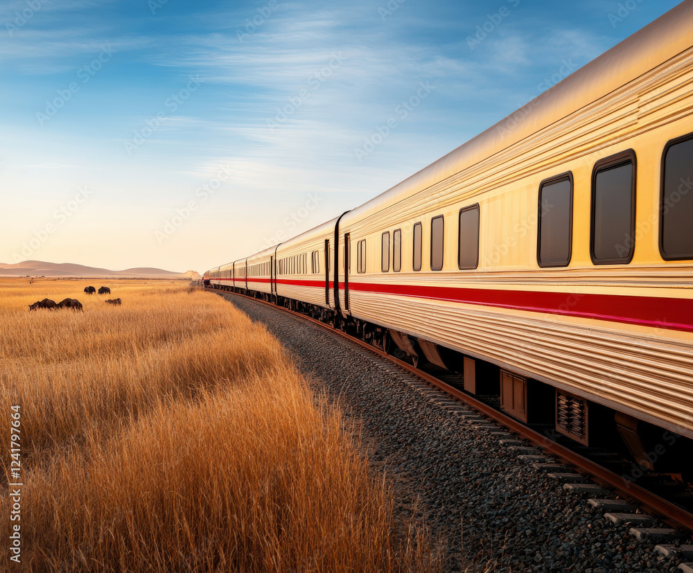 Fototapeta premium Passenger train on curved track through golden grassland at sunset