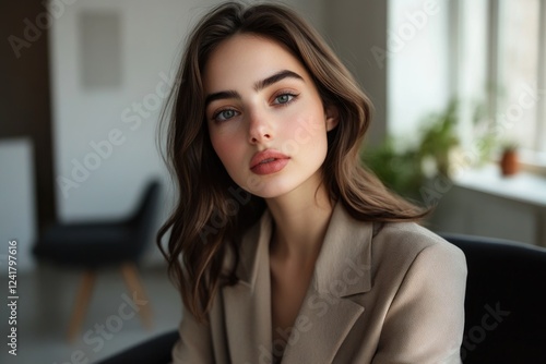 Free Download A woman sits in a chair and looks directly at the camera - GFXLoad