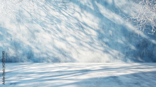 Winter scene. Blue wall background with light and shadows, perfect for presenting products.