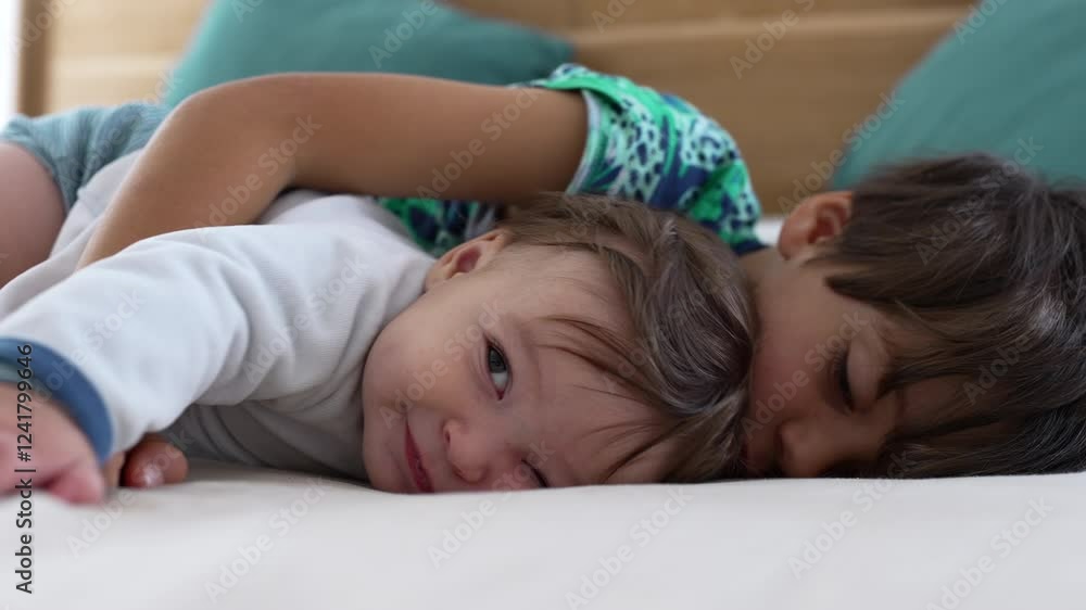 Baby smiling while lying on bed embraced by older sibling, sharing a happy and affectionate moment, highlighting sibling love and family connection in cozy environment Baby smiling while lying on bed embraced by older sibling, sharing a happy and affectionate moment, highlighting sibling love and family connection in cozy environment