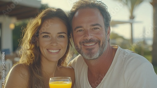 Happy Couple Enjoying Drinks Outdoors Together