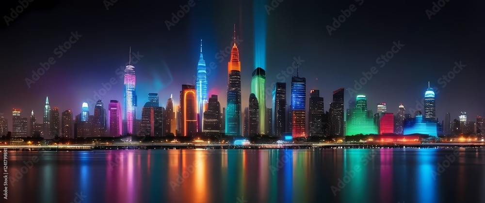 Fototapeta premium Dynamic city skyline illuminated by colorful lights reflecting off sleek surfaces