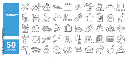 Set of 50 line icons related to journey, travel, vacation, tour, resort, place, destination, hike, swim, sea, baggage, Editable stroke. Vector illustration