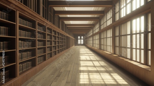 Wallpaper Mural Sunlit library hall, bookshelves, wooden floor, quiet study Torontodigital.ca