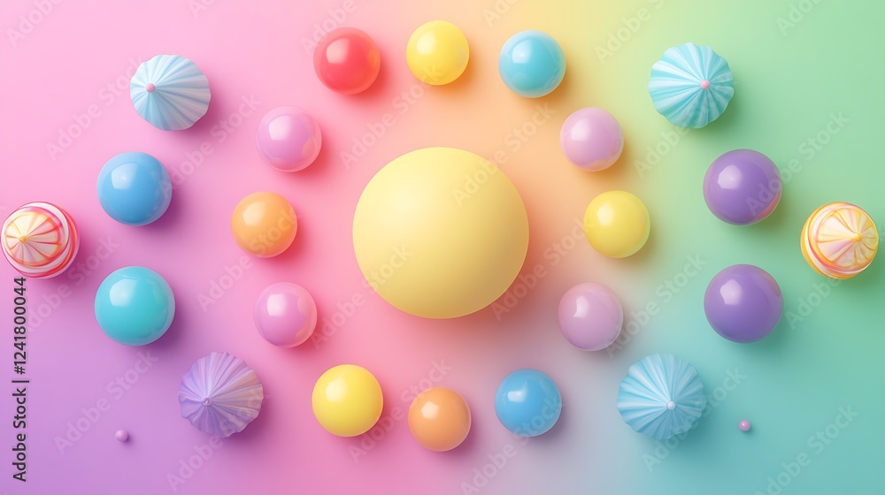 Pastel Spheres and Cones Arranged in a Circular Pattern Pastel Spheres and Cones Arranged in a Circular Pattern