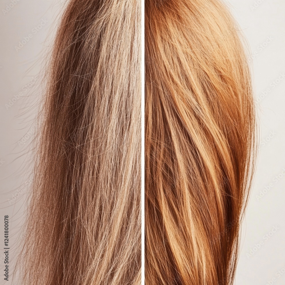 Comparison between damaged dull hair and shiny healthy hair strands highlighting hair care effects. Generative AI Comparison between damaged dull hair and shiny healthy hair strands highlighting hair care effects. Generative AI