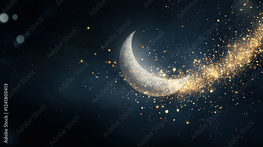 Close-up crescent moon on black background with gold flecks and stars in background Close-up crescent moon on black background with gold flecks and stars in background