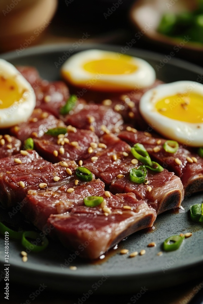 A simple breakfast plate featuring cooked meat and eggs, ideal for food or lifestyle use A simple breakfast plate featuring cooked meat and eggs, ideal for food or lifestyle use