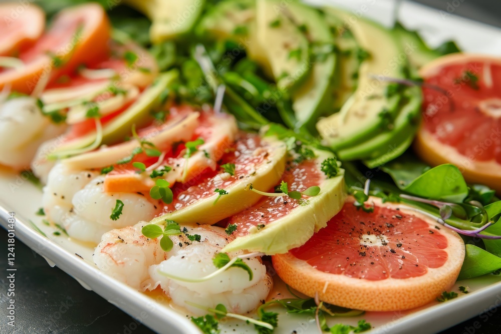 Fresh shrimp salad with grapefruit, avocado, and greens Fresh shrimp salad with grapefruit, avocado, and greens