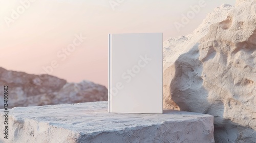 Minimalist Blank White Book on Stone Surface With Large Light Rocks and a Soft Pastel Pink and Orange Sky at Sunrise, Serene Aesthetic