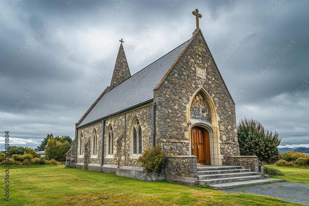 A historic stone church with a tall steeple stands out against a gray and cloudy sky A historic stone church with a tall steeple stands out against a gray and cloudy sky
