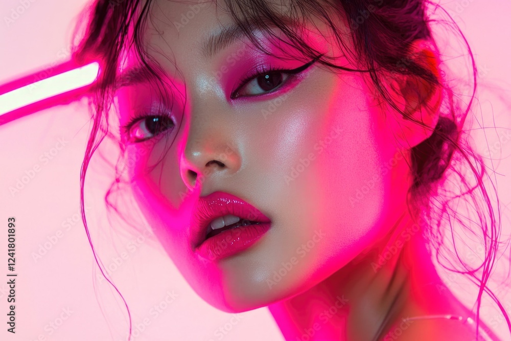 A person illuminated by a pink glow, possibly from a device or environment A person illuminated by a pink glow, possibly from a device or environment