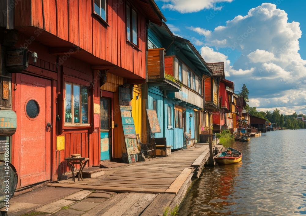 Naklejka premium The Scenic Porvoo Old Town in Finland, with Its Red Wooden Sheds and Beautiful River View