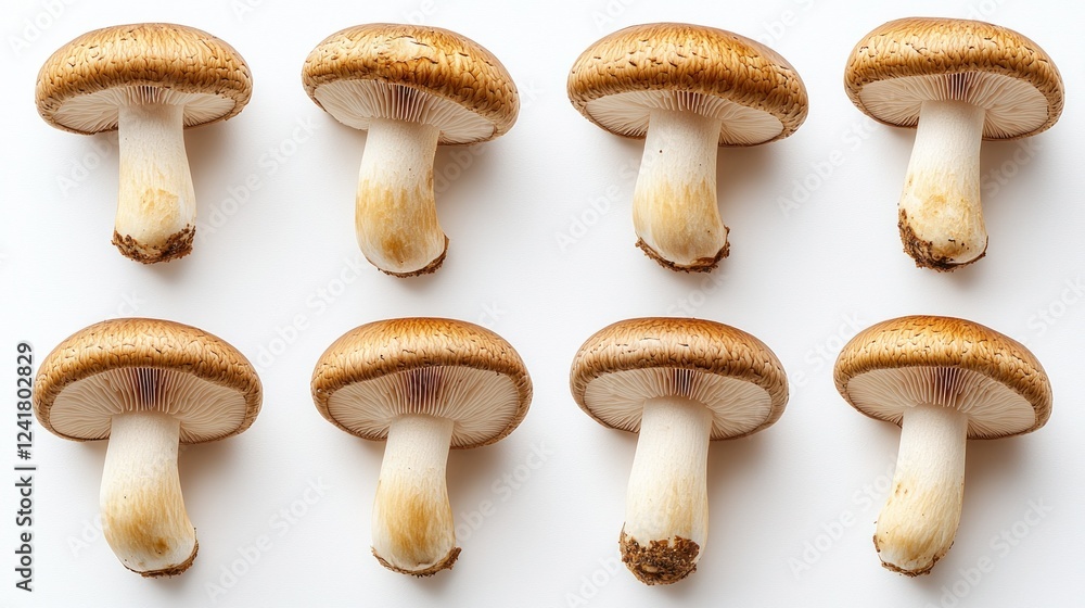 Eight Shiitake Mushrooms Arranged on White Background Eight Shiitake Mushrooms Arranged on White Background