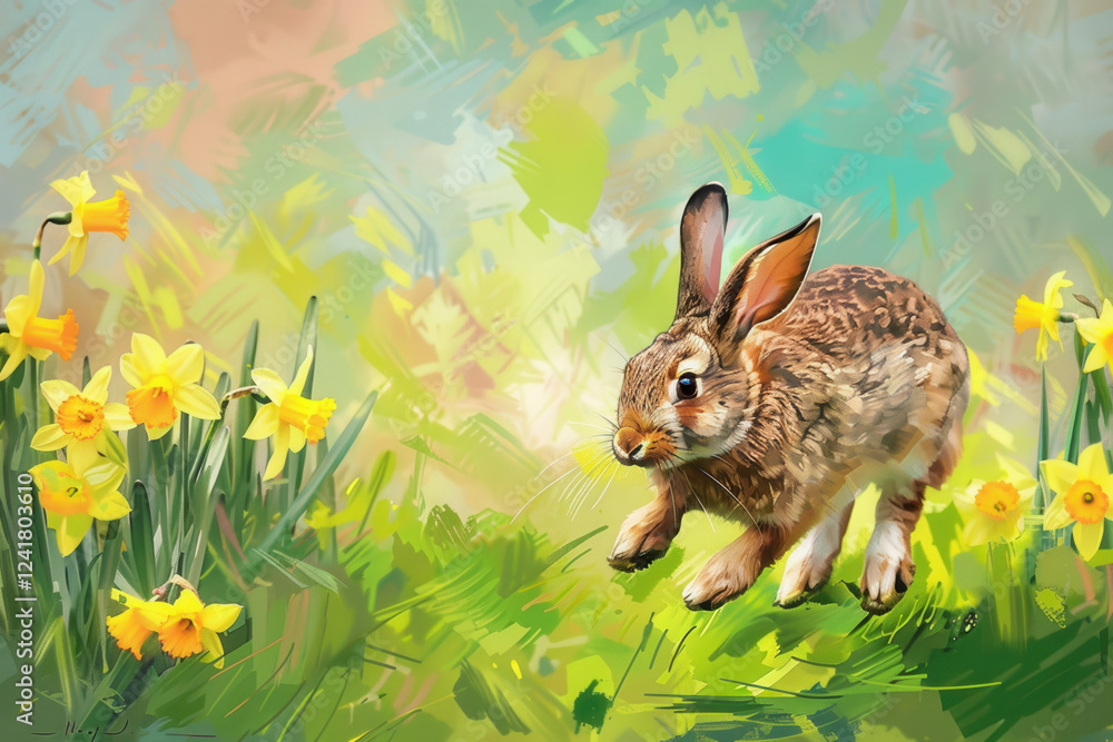 Obraz premium Joyful Bunny Hopping Through Daffodils for a Vibrant Easter Holiday: Easter