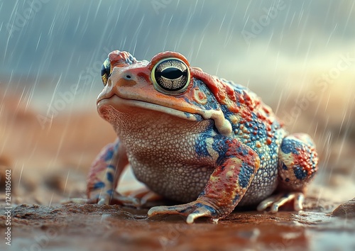 Close Up Night Macro Photography of Wild Natterjack Toad with Rain Drops, Blinking Eyes photo