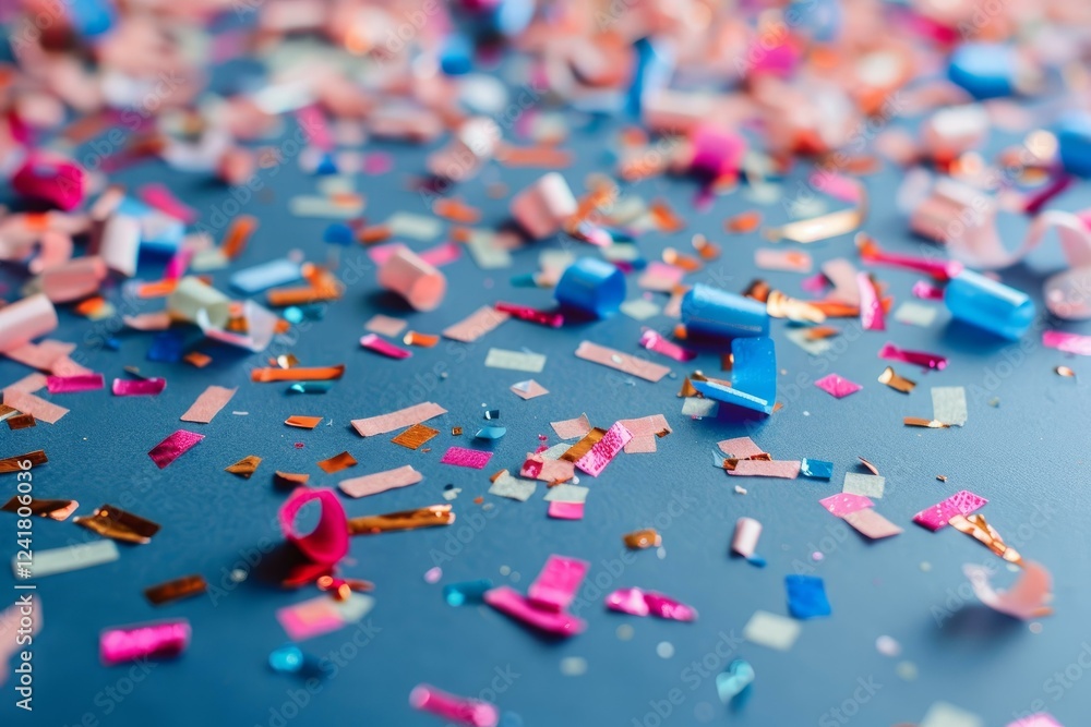 Colorful confetti is scattered on a vibrant blue background, creating a festive atmosphere for a party or celebration Colorful confetti is scattered on a vibrant blue background, creating a festive atmosphere for a party or celebration