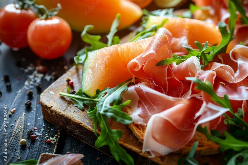 Fresh prosciutto and melon salad with arugula on wooden board Fresh prosciutto and melon salad with arugula on wooden board