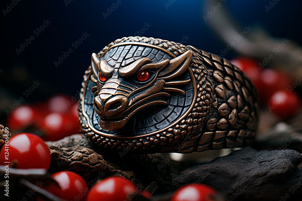 Obraz premium Bronze Dragon Head Ring with Red Gemstone Eyes