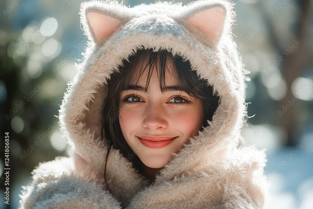 A happy woman wearing a warm furry coat and smiling A happy woman wearing a warm furry coat and smiling