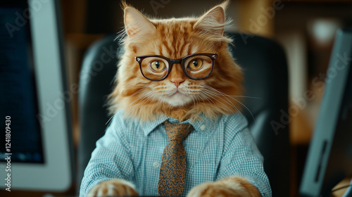 Funny cat in a formal suit and tie, wearing glasses, working in an office setting, business-themed animal character in a professional workplace environment.