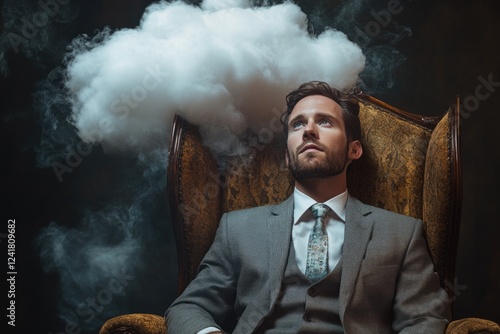 A businessman sits in a chair with a mysterious cloud of smoke emerging from his head, possibly symbolizing stress or introspection photo