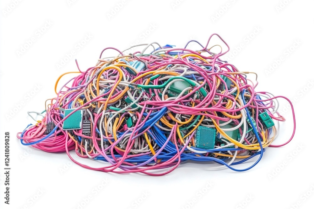 A collection of electrical wires and cables stacked on a white background A collection of electrical wires and cables stacked on a white background