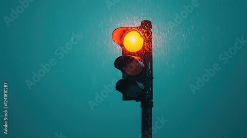 Glowing old-fashioned traffic signal under rainy street urban scene photography nighttime atmospheric mood photo