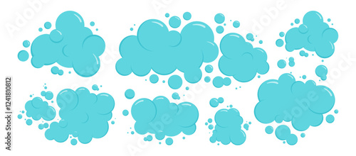 Cartoon foam bubble, soap suds, blue water cloud, clear drop splash, air and shampoo ball. Wash, laundry, clean underwater set. Soda, carbonated fun isolated on white background. Vector illustration