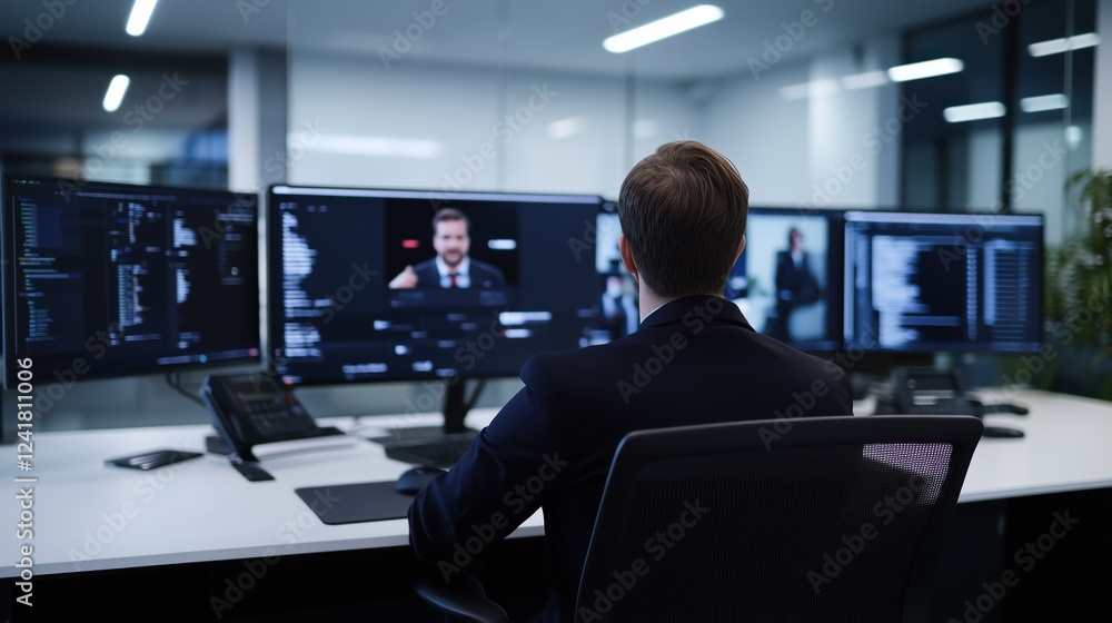 A man is sitting in front of a computer monitor with three other monitors. He is wearing a suit and tie A man is sitting in front of a computer monitor with three other monitors. He is wearing a suit and tie