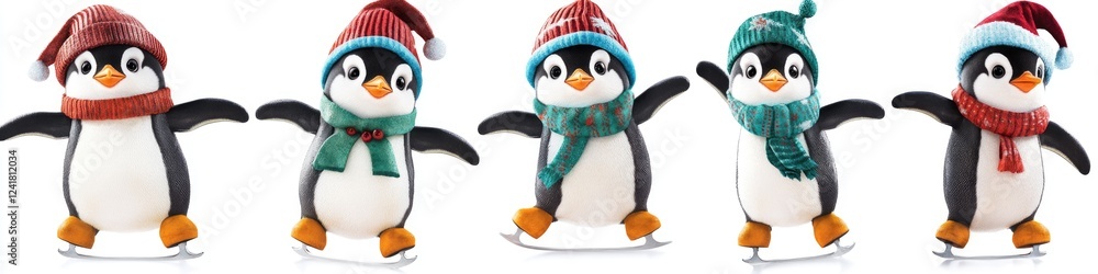 Fototapeta premium Group of penguins dressed up with hats and scarves, ready for winter or special occasion