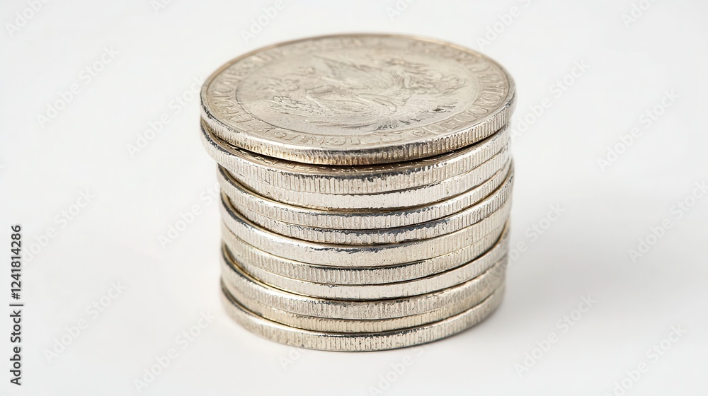 Stack of silver coins on a white background. Stack of silver coins on a white background.