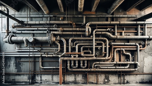Complex Overhead Industrial Pipe System on Weathered Wall with Distressed Concrete Floor